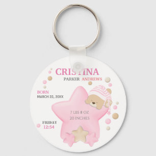 Cute Sleeping Teddy Bear Baby Girl Birth Stats Key Keychain