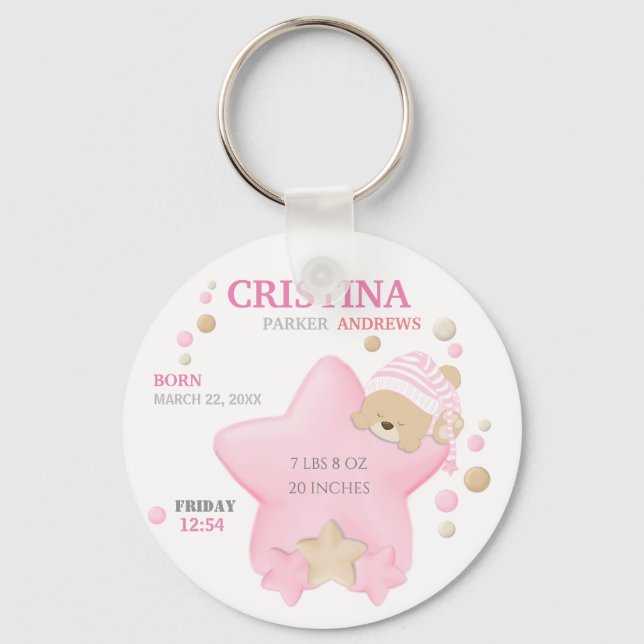 Cute Sleeping Teddy Bear Baby Girl Birth Stats Keychain (Front)