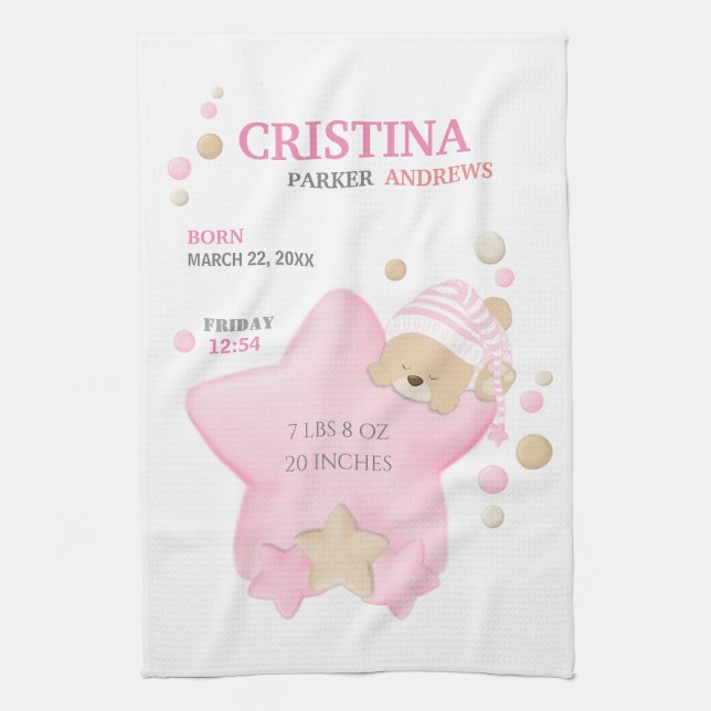 Cute Sleeping Teddy Bear Baby Girl Birth Stats Kitchen Towel (Vertical)