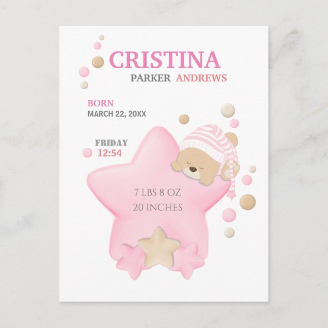 Cute Sleeping Teddy Bear Baby Girl Birth Stats Postcard (Front)