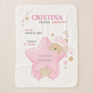 Cute Sleeping Teddy Bear Baby Girl Birth Stats She Sherpa Blanket