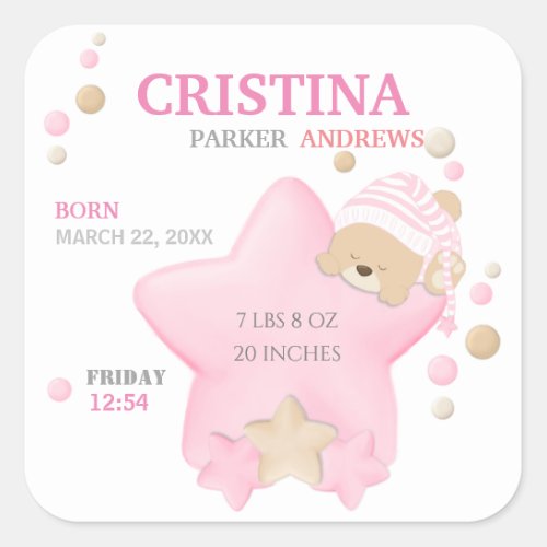 Cute Sleeping Teddy Bear Baby Girl Birth Stats Squ Square Sticker