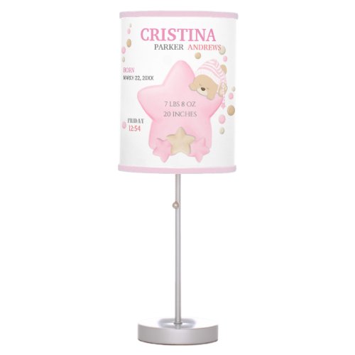 Cute Sleeping Teddy Bear Baby Girl Birth Stats Tab Table Lamp