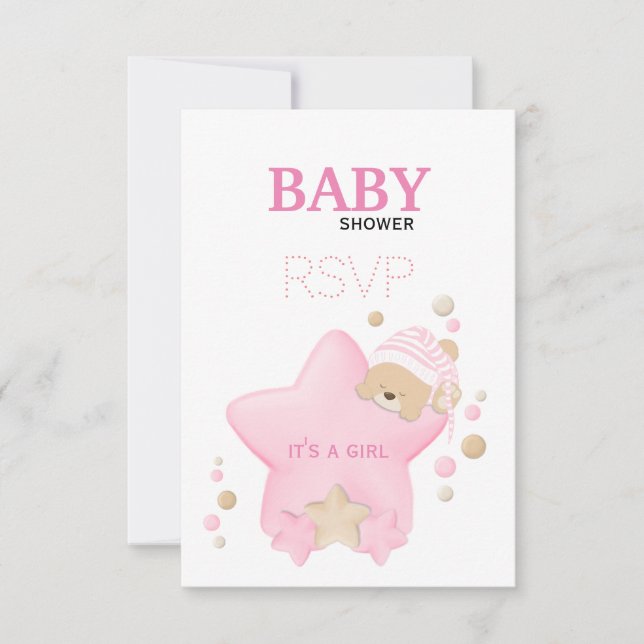Cute Sleeping Teddy Bear Baby Girl Shower RSVP Car Card (Front)