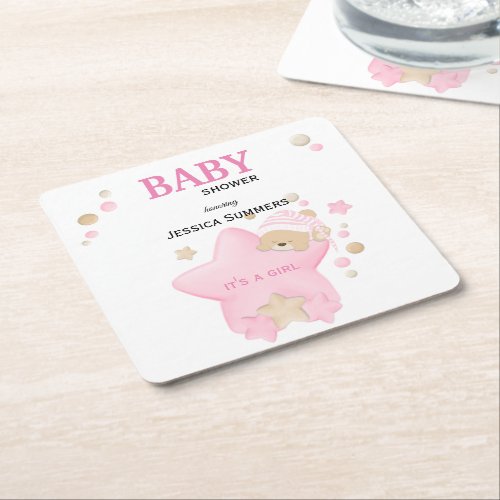 Cute Sleeping Teddy Bear Baby Girl Shower Square P Square Paper Coaster