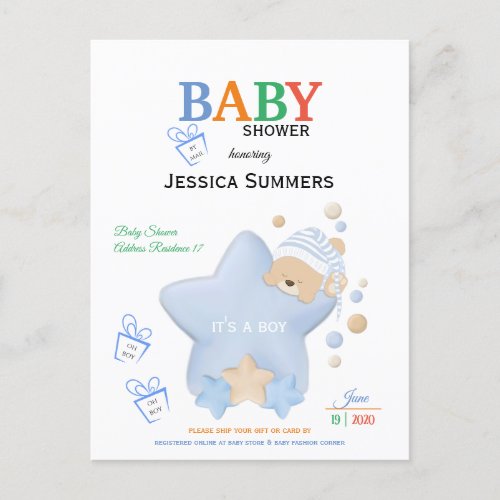 Cute Sleeping Teddy Bear Baby Shower By Mail Invitation Postcard