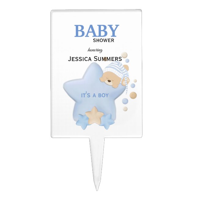 Cute Sleeping Teddy Bear Baby Shower Cake Topper (Front)