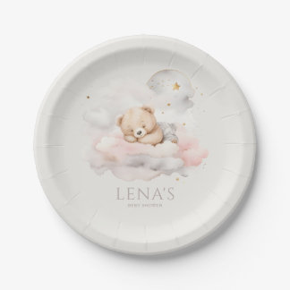 Cute Sleeping Teddy Bear Baby Shower Paper Plates