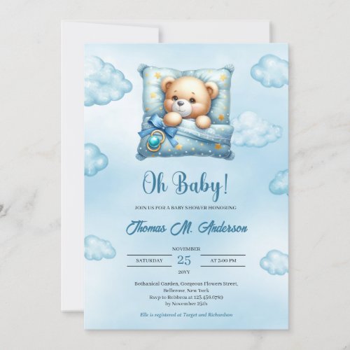 Cute sleeping teddy bear blue brown ivory Boy  Invitation
