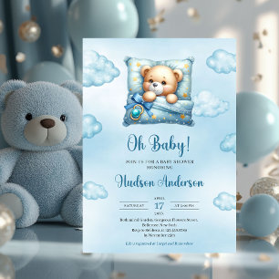 Cute sleeping teddy bear blue brown ivory Boy Invitation