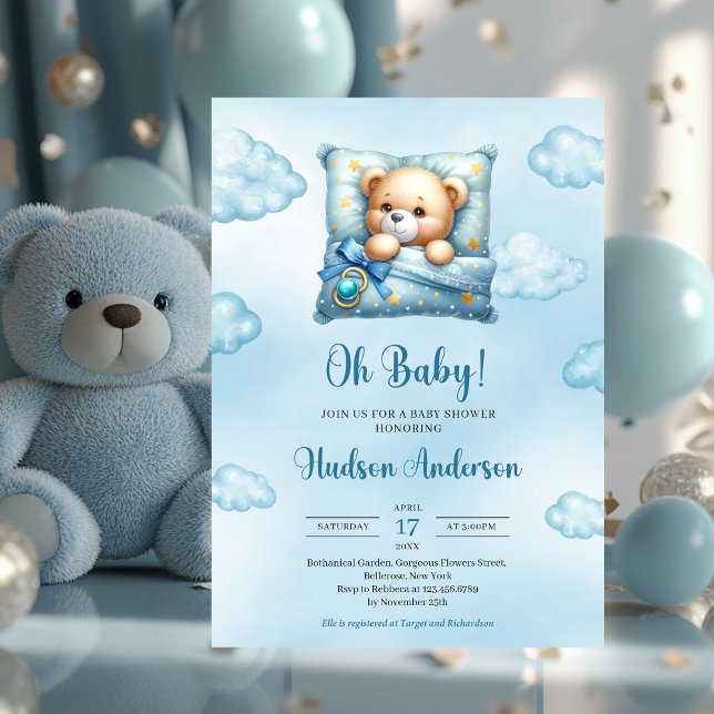 Cute sleeping teddy bear blue brown ivory Boy  Invitation (cute sleeping teddy bear - boy baby shower invitation heart shaped font)