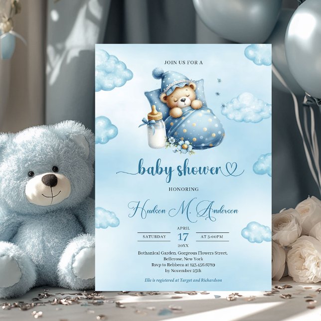 Cute sleeping teddy bear boy Baby Shower  Invitation (cute sleeping teddy bear boy baby shower invitation )