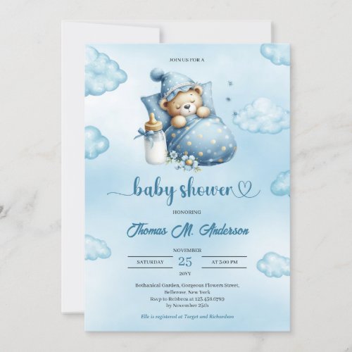 Cute sleeping teddy bear boy Baby Shower  Invitation