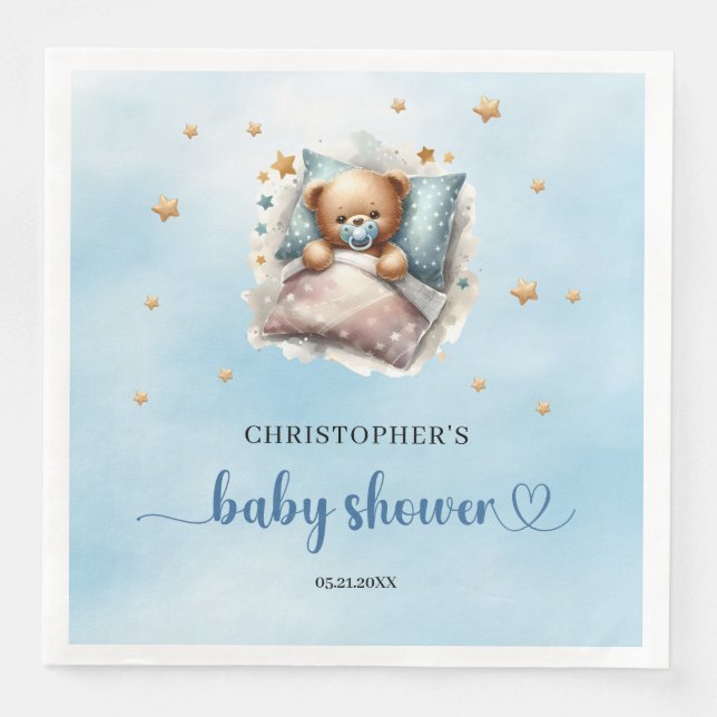 Cute sleeping teddy bear boy baby shower paper dinner napkins (Front)