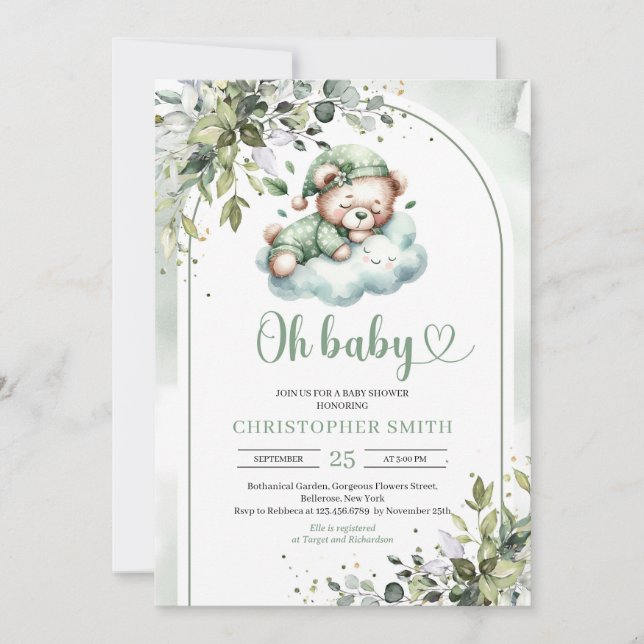 Cute sleeping teddy bear gender neutral boho arch invitation (Front)