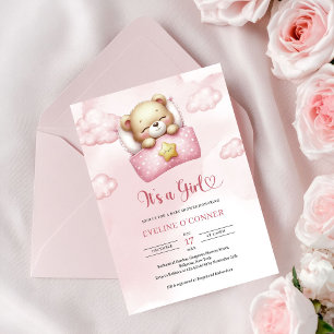 Cute sleeping teddy bear It's a Girl baby Shower Invitation