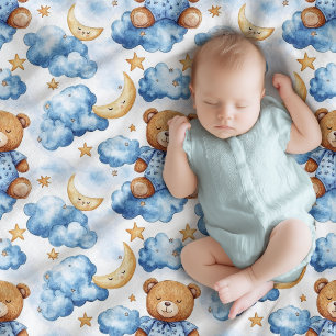Cute sleeping teddy bear over the cloud boy baby blanket