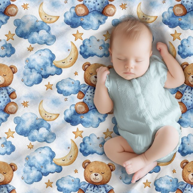 Cute sleeping teddy bear over the cloud boy baby blanket (Cute sleeping teddy bear over the cloud boy baby blanket)