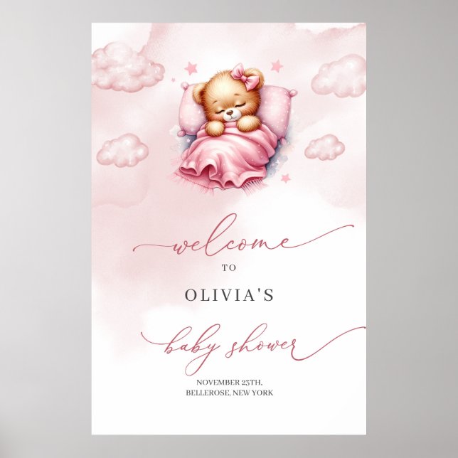 Cute sleeping teddy bear over the cloud welcome poster (Front)
