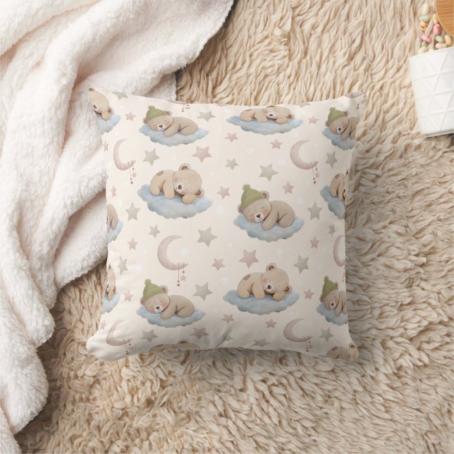 Cute Sleeping Teddy Bear Pattern with Stars & Moon Throw Pillow (Blanket)
