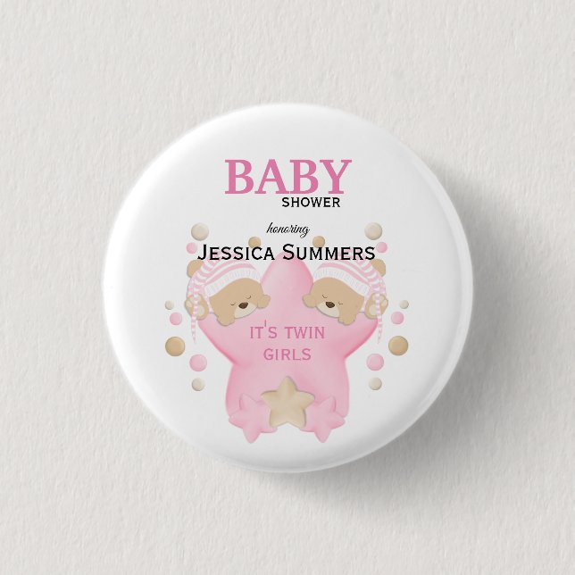 Cute Sleeping Teddy Bear Twin Baby Girls Shower Bu Button (Front)