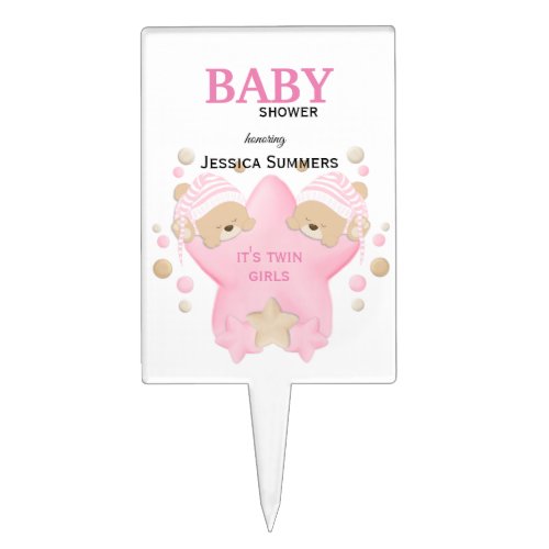 Cute Sleeping Teddy Bear Twin Baby Girls Shower Ca Cake Topper