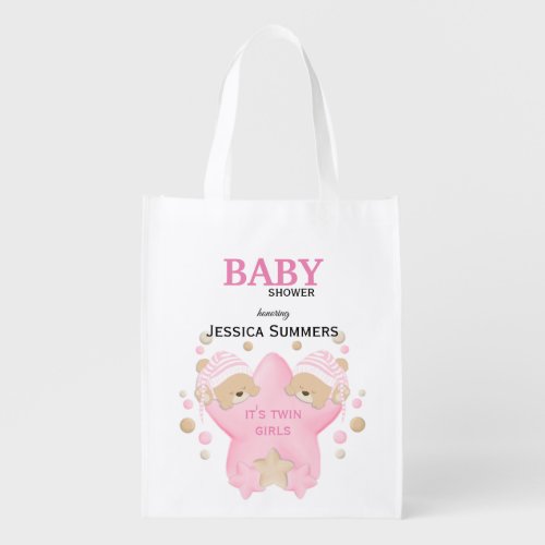 Cute Sleeping Teddy Bear Twin Baby Girls Shower Gr Grocery Bag