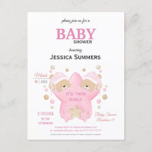 Cute Sleeping Teddy Bear Twin Baby Girls Shower In Invitation Postcard