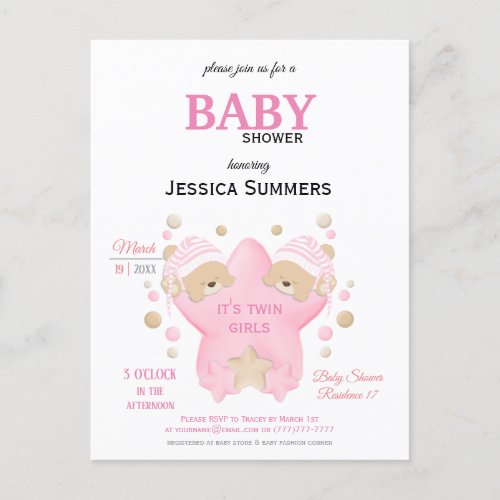 Cute Sleeping Teddy Bear Twin Baby Girls Shower In Invitation Postcard