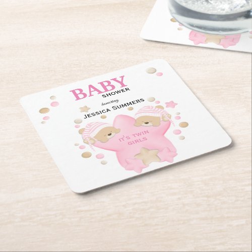 Cute Sleeping Teddy Bear Twin Baby Girls Shower Sq Square Paper Coaster
