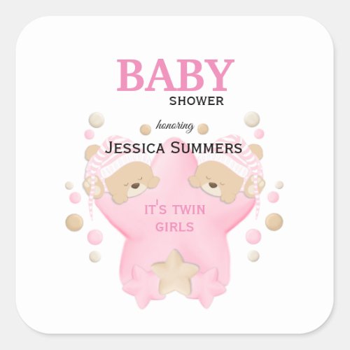 Cute Sleeping Teddy Bear Twin Baby Girls Shower Sq Square Sticker