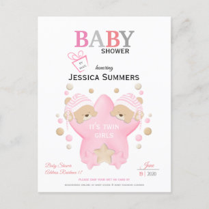 Cute Sleeping Teddy Bear Twin Girls Shower By Mail Invitation Postcard