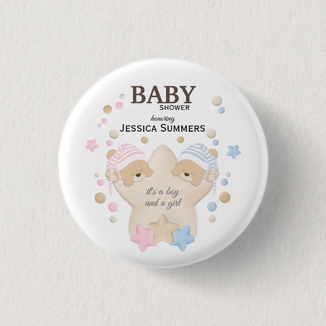 Cute Sleeping Teddy Bear Twins Baby Shower Button (Front)
