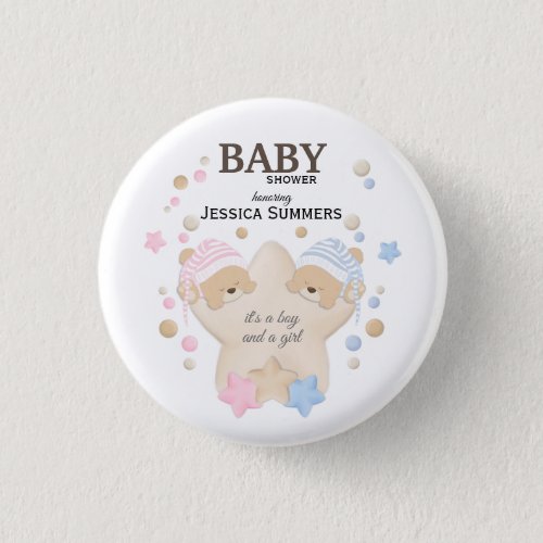 Cute Sleeping Teddy Bear Twins Baby Shower Button