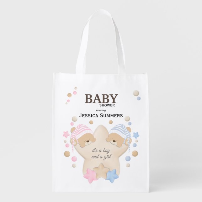Cute Sleeping Teddy Bear Twins Baby Shower Grocery Bag (Front)