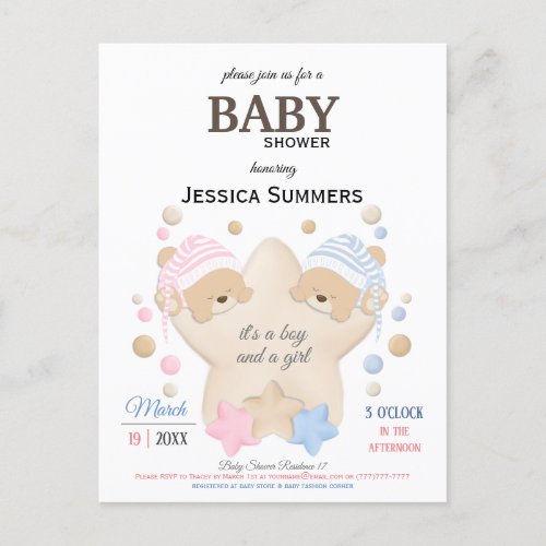 Cute Sleeping Teddy Bear Twins Baby Shower Invitat Invitation Postcard