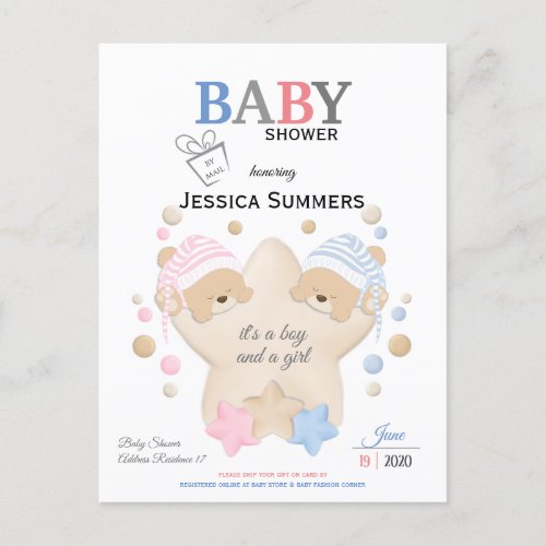 Cute Sleeping Teddy Bear Twins Baby Shower Invitation Postcard