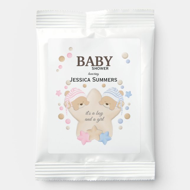 Cute Sleeping Teddy Bear Twins Baby Shower Lemonade Drink Mix (Front)