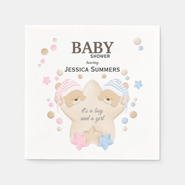 Cute Sleeping Teddy Bear Twins Baby Shower Napkins (Front)