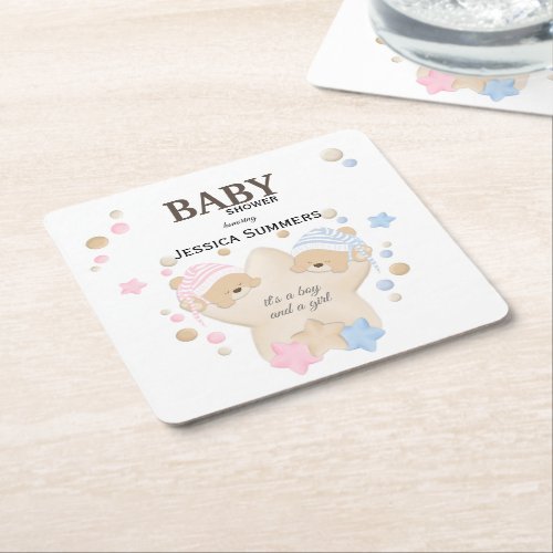 Cute Sleeping Teddy Bear Twins Baby Shower Square  Square Paper Coaster