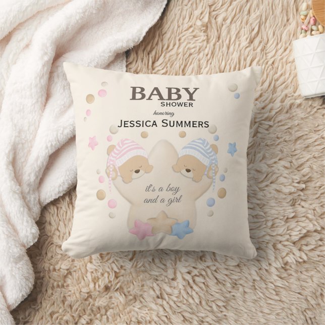 Cute Sleeping Teddy Bear Twins Baby Shower Throw P Throw Pillow (Blanket)