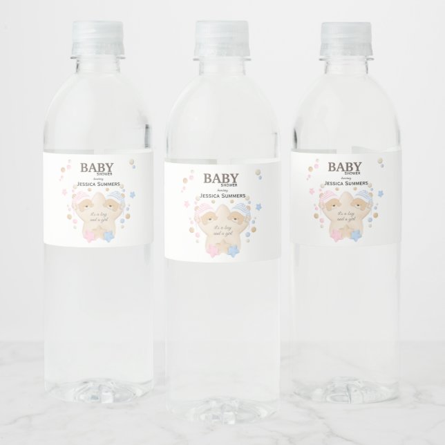 Cute Sleeping Teddy Bear Twins Baby Shower Water B Bottle Label (Bottles)