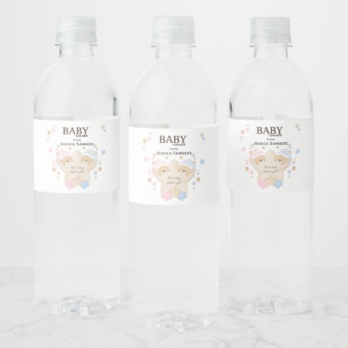 Cute Sleeping Teddy Bear Twins Baby Shower Water B Water Bottle Label