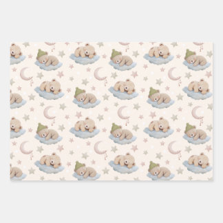Cute Sleeping Teddy Bear with Stars & Moon Wrapping Paper Sheets