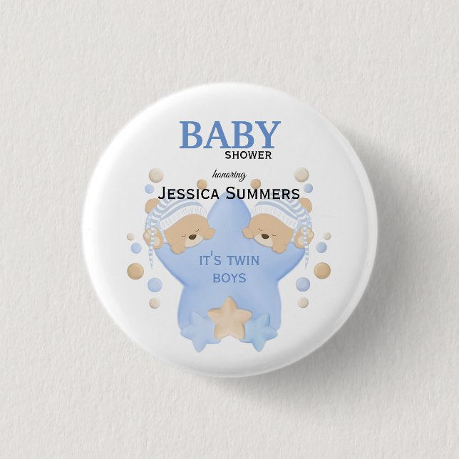 Cute Sleeping Teddy Bears Twin Baby Boys Shower Bu Button (Front)