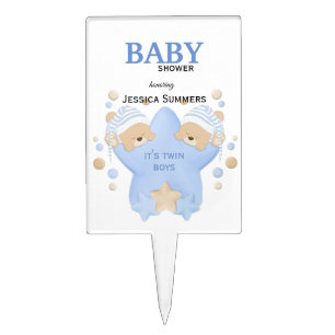 Cute Sleeping Teddy Bears Twin Baby Boys Shower Ca Cake Topper