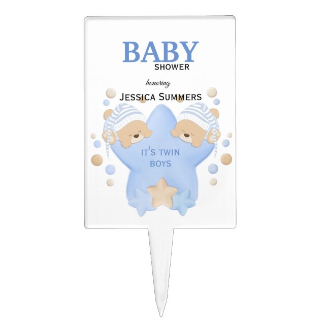 Cute Sleeping Teddy Bears Twin Baby Boys Shower Ca Cake Topper (Front)