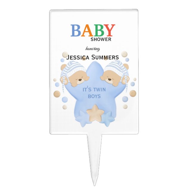 Cute Sleeping Teddy Bears Twin Baby Boys Shower Cake Topper (Front)