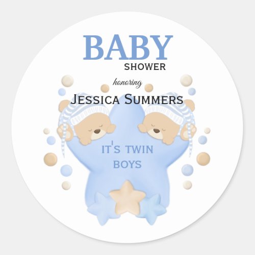 Cute Sleeping Teddy Bears Twin Baby Boys Shower Cl Classic Round Sticker