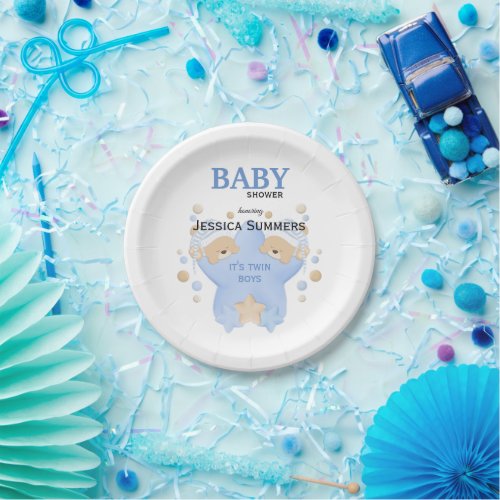 Cute Sleeping Teddy Bears Twin Baby Boys Shower Pa Paper Plates